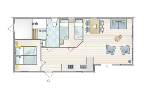 Plan d’une location au Holiday Park Loodsmansduin 1, Pays-Bas, avec chambres, cuisine et séjour spacieux.