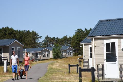 Par slentrer gennem ferielandsby Holiday Park «Loodsmansduin 1» med hytter i solrigt landskab, Holland.