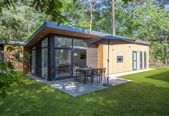 Modern lodge at Forest Park 't Wolfsven 9 with large windows, patio, umbrella, and surrounded by forest trees.