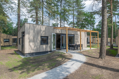 Cabaña moderna de madera en Forest Park 't Wolfsven 20, rodeada de árboles y terraza con muebles de exterior.