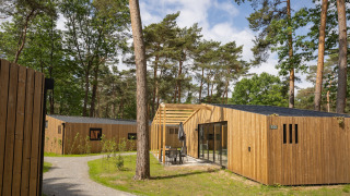 Modern wooden lodge at Forest Park 't Wolfsven 18, surrounded by tall trees and a natural forest path.