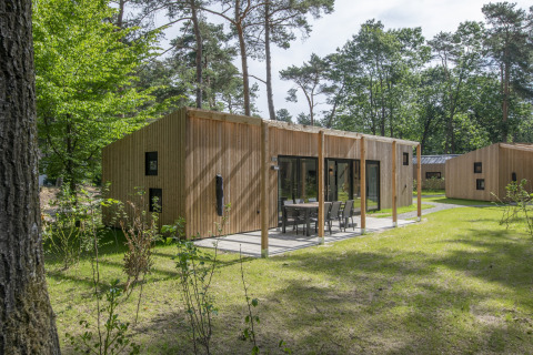 Contemporary wooden lodge at Forest Park 't Wolfsven 16, featuring a terrace with outdoor seating in nature.