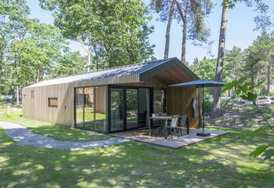 Chalet moderno in legno immerso nella natura a Forest Park 't Wolfsven 15 con terrazza e zona pranzo esterna.