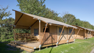 Safari telt med træveranda og bænk, placeret i grønne omgivelser under blå himmel om dagen.