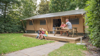 Gezin ontspant op het terras van een safaritent in Forest Park 't Wolfsven 13, omgeven door bomen.