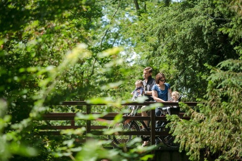 Une famille profite d’une balade à vélo dans la verdure au Holiday Park «Kijkduin 9» aux Pays-Bas.