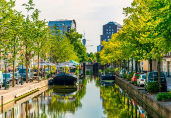 Wunderschöner Kanal mit grünen Bäumen, geparkten Autos und Gebäuden bei einer gemütlichen Lodge am Wasser.