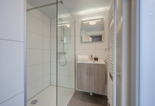 Baño moderno con ducha de vidrio, espejo grande, mueble de madera y azulejos blancos en Holiday Park «Kijkduin 1».