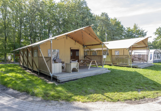 Tenda safari presso Holiday Park Klein Vink 21 con veranda in legno, prato verde e alberi circostanti.
