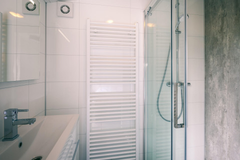 Salle de bains moderne avec douche vitrée, lavabo et sèche-serviettes au Holiday Park Zeedijk 2, Pays-Bas.