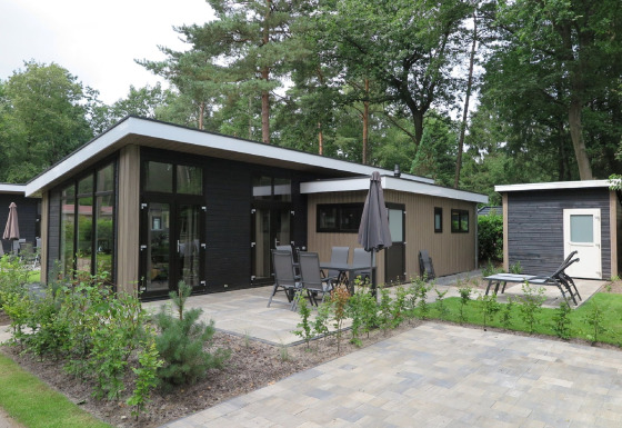 Modern lodge at Holiday Park De Rimboe & De Woeste Hoogte 25 featuring a patio, outdoor seating, and lush greenery.