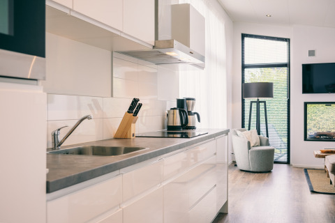 Cucina moderna e soggiorno al Holiday Park Zeedijk 1, Paesi Bassi, con arredamento luminoso e ampie finestre.