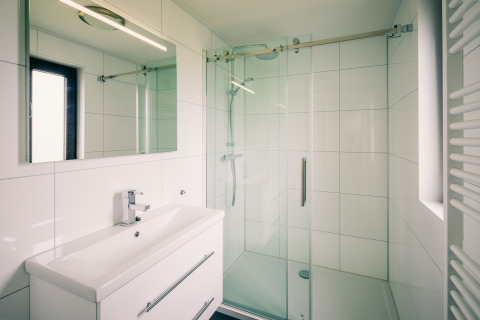 Modern bathroom with glass shower, large mirror and white vanity at Holiday Park Zeedijk 1 in the Netherlands.