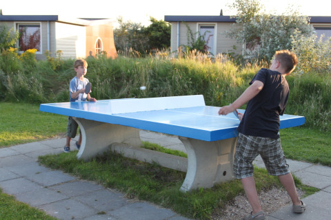 Two boys playing table tennis outdoors at a safari tent campsite, surrounded by greenery and sunshine.