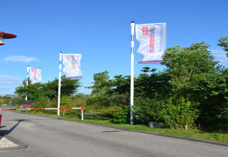 Entrance to safari tent area with fluttering flags, lush greenery, and a barrier on a sunny day.