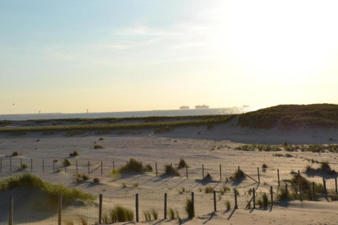 Scenic view from a safari tent over sandy dunes with grass, a distant sea, and ships on the horizon at sunset.