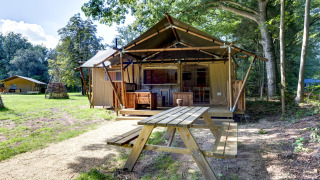 Safari tent Country Estate Gerner 8 set in wooded surroundings with wooden benches and green lawns.