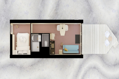 Plan d'une tiny house à l’Eco Resort Grevelingenstrand, Pays-Bas, avec chambre, salle de bain et terrasse.