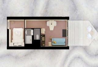 Plan d'une tiny house à l’Eco Resort Grevelingenstrand, Pays-Bas, avec chambre, salle de bain et terrasse.