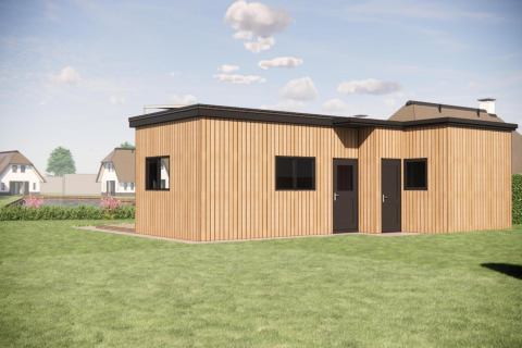 Et moderne træhus med fladt tag i Recreation Park Idskenhuizen 11, omringet af græs og stier.