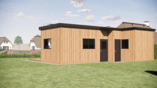 Modern wooden lodge with flat roof at Recreation Park Idskenhuizen 11, surrounded by grass and pathways.