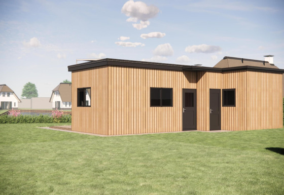 Et moderne træhus med fladt tag i Recreation Park Idskenhuizen 11, omringet af græs og stier.
