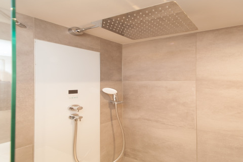 Douche moderne avec grand pommeau pluie et douchette à main dans un tiny house à Eco Resort Grevelingenstrand.