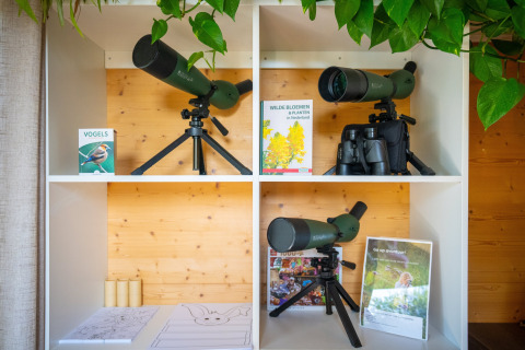 Lunettes et livres de nature sur une étagère blanche dans une tiny house à l’Eco Resort Grevelingenstrand, Pays-Bas.