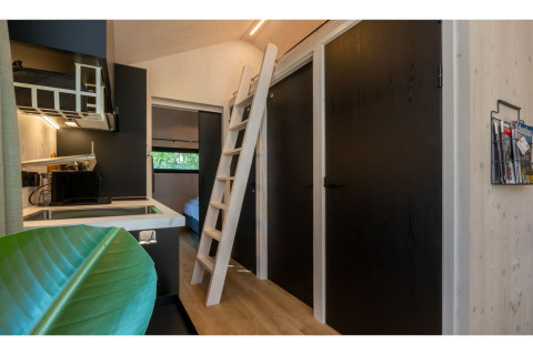 Interieur van Tinyhouse «La Mouette» in Nederland, met keukentje, ladder naar mezzanine en zwarte deuren.
