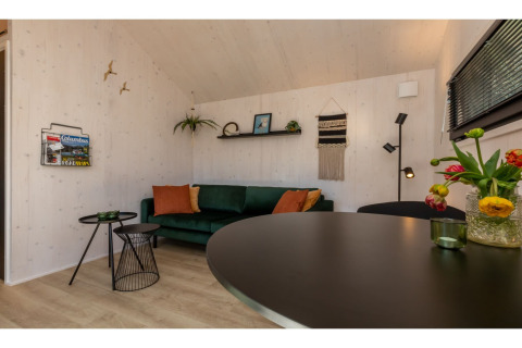 Woonruimte van Tinyhouse «La Mouette» in Nederland met groene zetel, bloemen en stijlvolle decoratie.