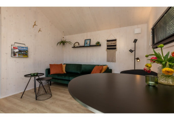 Salon du Tinyhouse «La Mouette» aux Pays-Bas avec canapé vert, tables modernes et décoration murale.