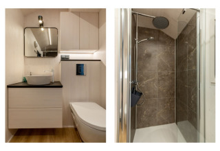 Compacte badkamer in Tinyhouse 'La Mouette' in Nederland met toilet, lavabo en douchehoek.
