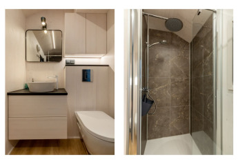 Salle de bain compacte du Tinyhouse «La Mouette» aux Pays-Bas avec WC, lavabo et cabine de douche.
