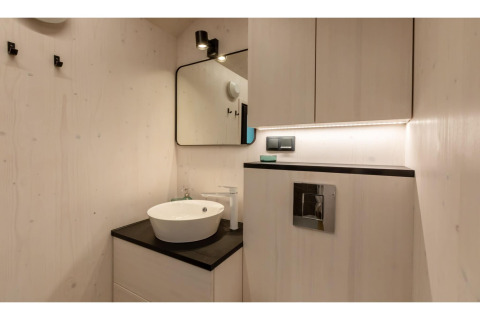 Modern en compact badkamer in Tinyhouse «La Mouette» in Nederland met ronde waskom en spiegel.