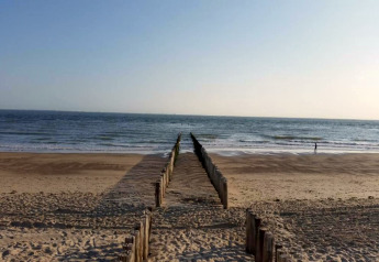 Vue depuis Tinyhouse «La Mouette» aux Pays-Bas avec une passerelle en bois menant à la mer et une personne au bord.