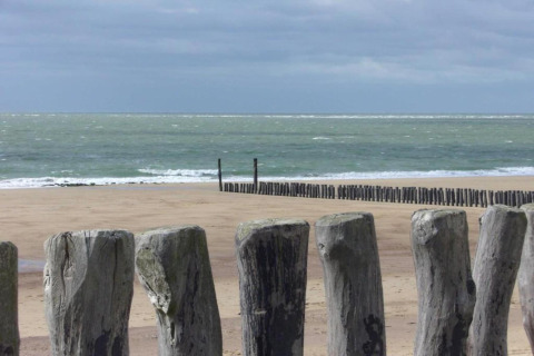 Zicht op strand en zee vanaf Tinyhouse «La Mouette» met houten palen, gelegen in Nederland.