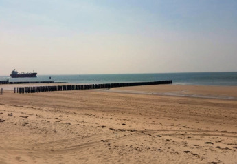 Plage de sable paisible avec des poteaux en bois et un bateau au loin, vue depuis Tinyhouse La Mouette.