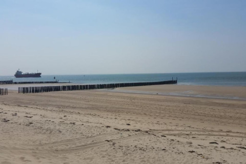 Zandstrand met houten paaltjes en een schip in de verte, gezien vanuit Tinyhouse La Mouette in Nederland.