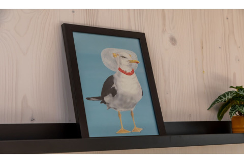 Ingelijste foto van een meeuw met een dierenkraag en rode halsband, staand op een zwarte plank in een tiny house.
