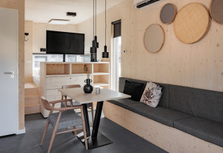 Modern tiny house in the Netherlands featuring wood decor, TV, cozy sofa, and round wall art decor.