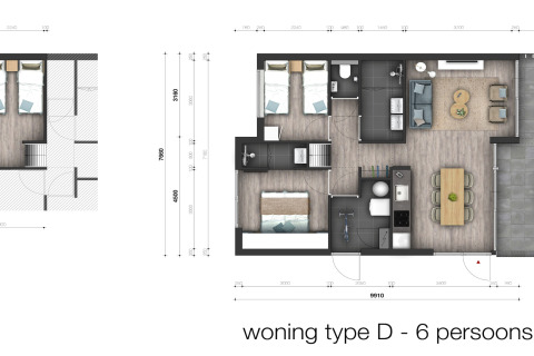 Plattegrond van Water Village 4 lodge, woningtype D in Nederland, voor 6 personen met slaapkamers en keuken.