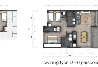 Plattegrond van Water Village 4 lodge, woningtype D in Nederland, voor 6 personen met slaapkamers en keuken.