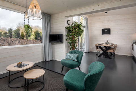 Sala de estar moderna en una tiny house de Holiday Park Schaijk 3 en Países Bajos, con sillas verdes y comedor.