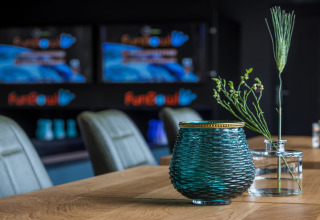 Decoración moderna de mesa con jarrón azul y plantas en Holiday Park ‘Schaijk 3’, Países Bajos.