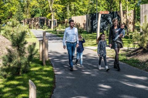 Eine vierköpfige Familie spaziert auf einem Pfad vor modernen Tiny Houses im Grünen mit Bäumen.