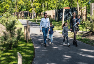A family of four walks along a path in front of modern tiny houses surrounded by trees and greenery.
