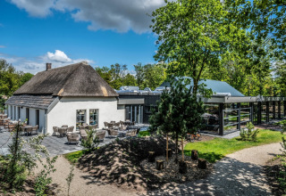 Photo d'une tiny house au toit de chaume, terrasse et extension moderne, entourée d'arbres et de verdure.