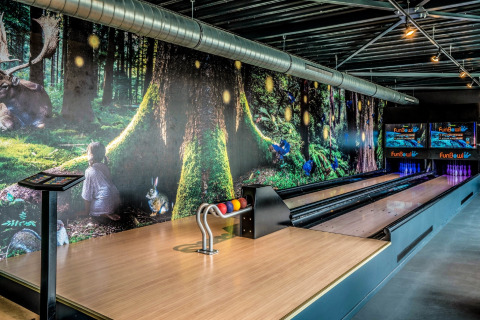 Bowlingbahn in einem Tiny House mit einem fantasievollen Waldmotiv an der Wand und modernen Details.
