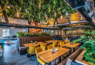 Modern restaurant interior with green plants on the ceiling, wooden tables, and yellow chairs in a cozy space.