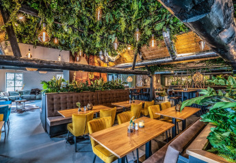 Intérieur de restaurant moderne avec plantes vertes au plafond, tables en bois et chaises jaunes dans un décor chaleureux.